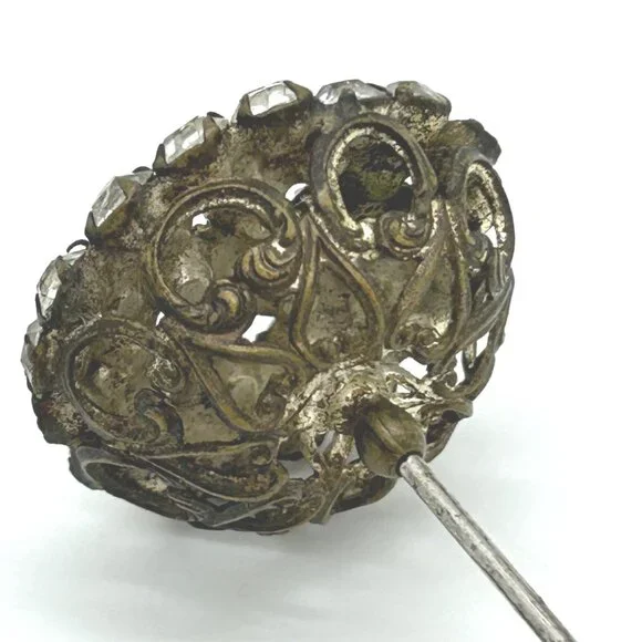 Antique Victorian Hat Pin Clear Paste Rhinestone Domed Top Filigree Back 10" - Picture 15 of 16